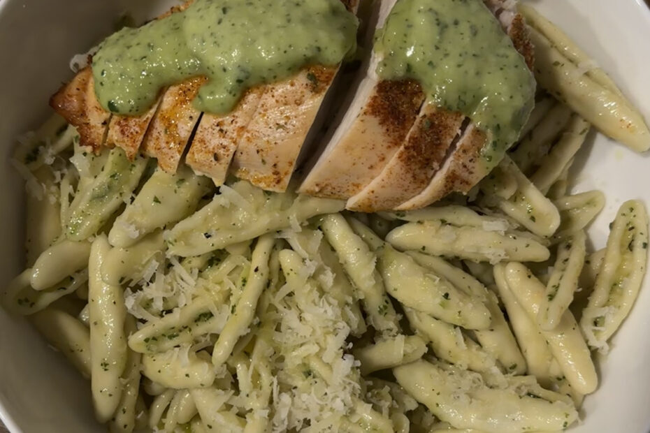 creamy chicken pesto pasta from scratch, homemade basil pesto