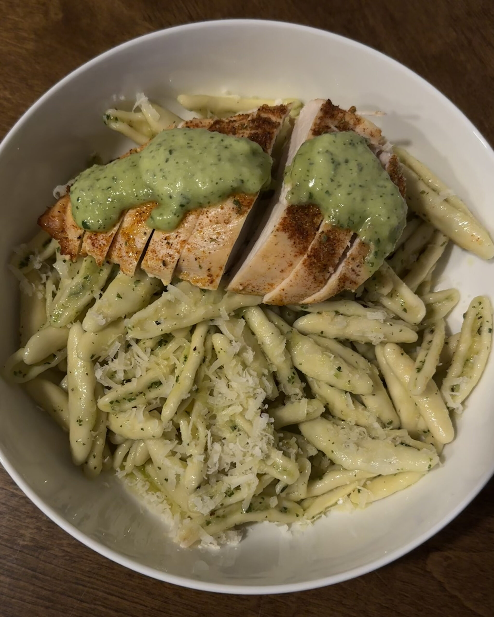 creamy chicken pesto pasta from scratch, homemade basil pesto