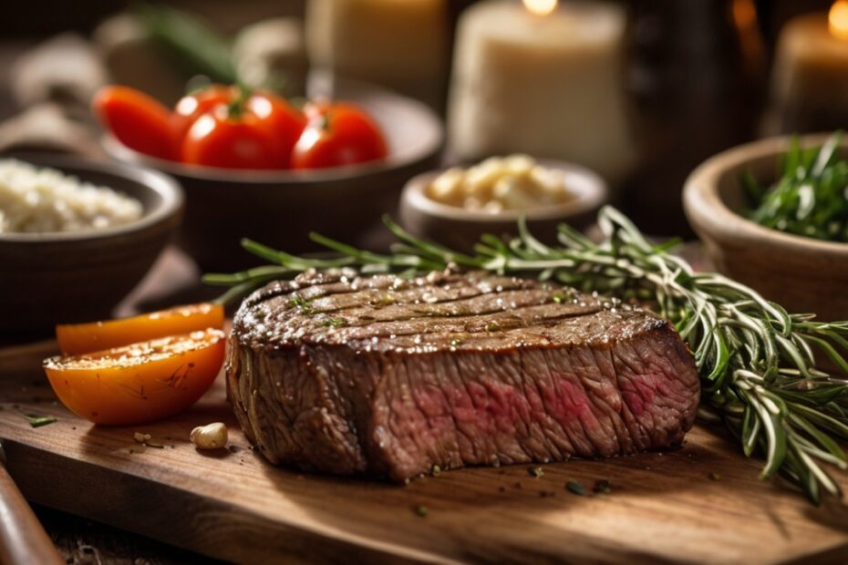A perfectly seared grass-fed, grass-finished organic steak on a rustic wooden board, garnished with fresh rosemary and garlic, with a side of roasted vegetables. A warm, farm-to-table atmosphere highlights the quality and sustainability of the meal.