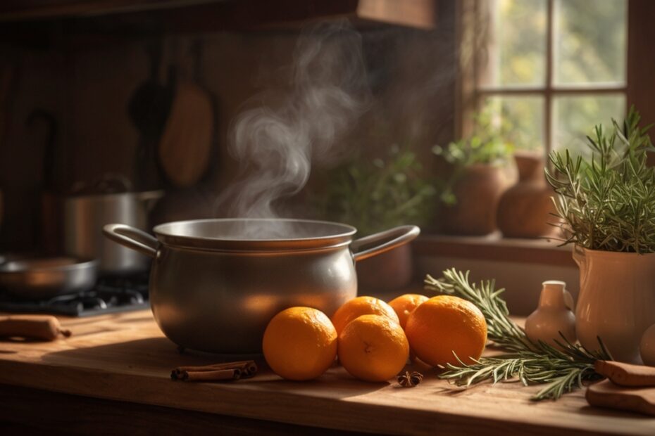 A cozy kitchen scene featuring a steaming simmer pot on the stovetop, filled with orange slices, cinnamon sticks, cloves, and fresh rosemary. Soft natural light highlights the warm, inviting atmosphere of this all-natural air freshener.