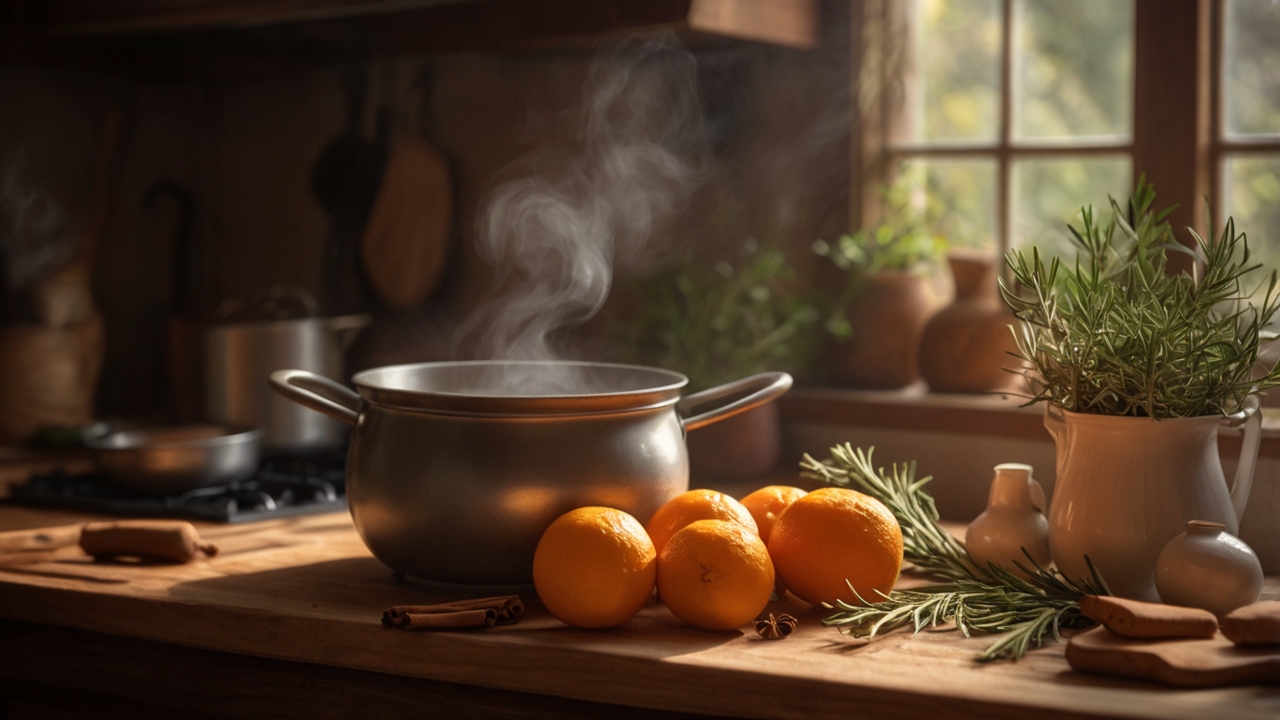 A cozy kitchen scene featuring a steaming simmer pot on the stovetop, filled with orange slices, cinnamon sticks, cloves, and fresh rosemary. Soft natural light highlights the warm, inviting atmosphere of this all-natural air freshener.